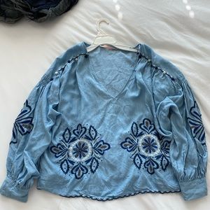 Zara Jean Blouse with Flowers and Pom Poms